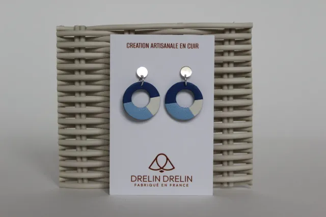 DRELIN boucles d’oreilles trio cuir bleu blanc argent 925