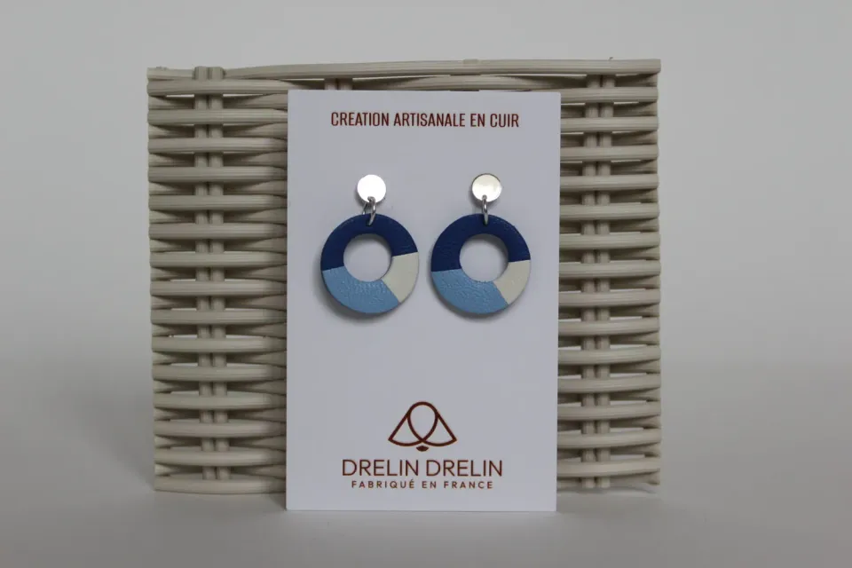 DRELIN boucles d’oreilles trio cuir bleu blanc argent 925