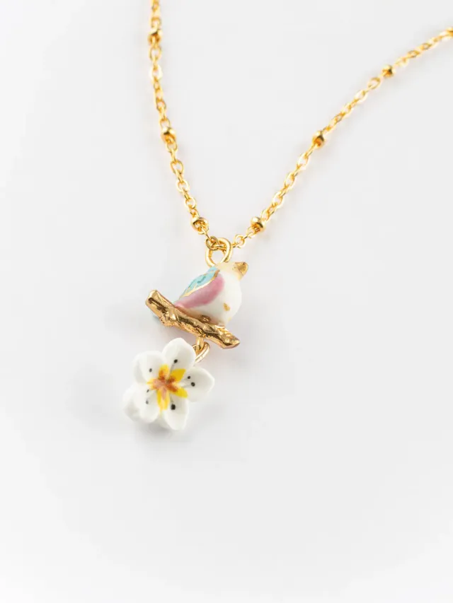 Nach Bijoux oiseau sur branche et fleur collier perles 48 cm