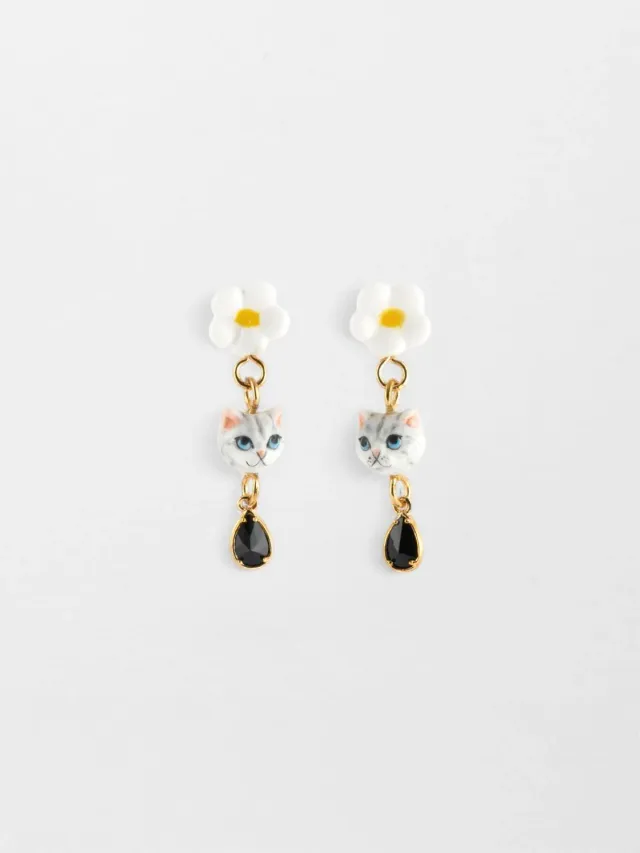 Nach Bijoux chat tabby et fleur boucles d'oreilles pampille