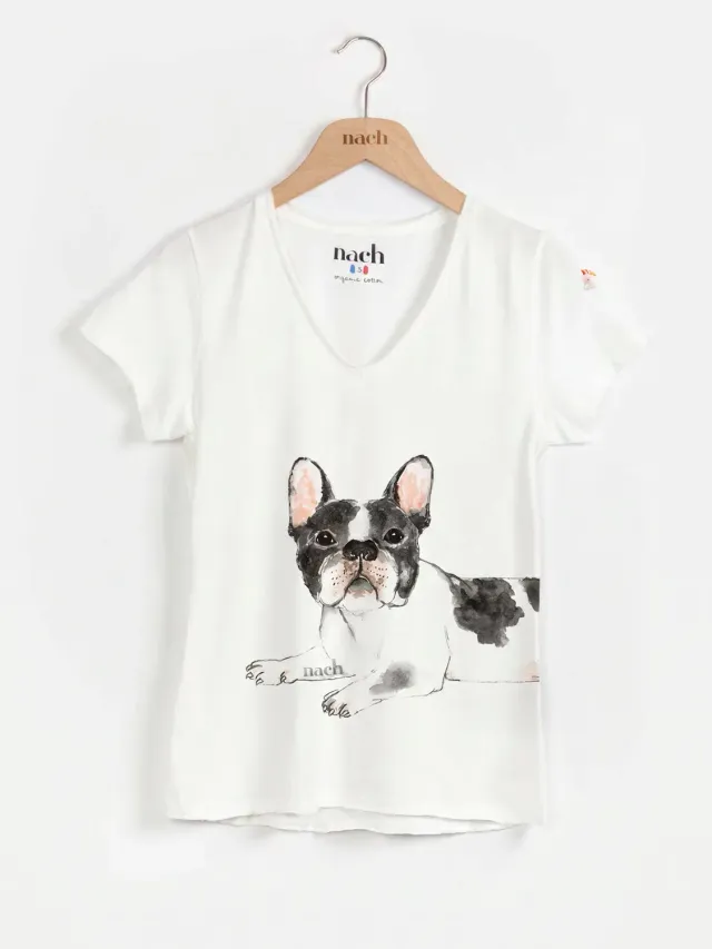 Nach Bijoux Victor t-shirt bouledogue blanc col V porcelaine