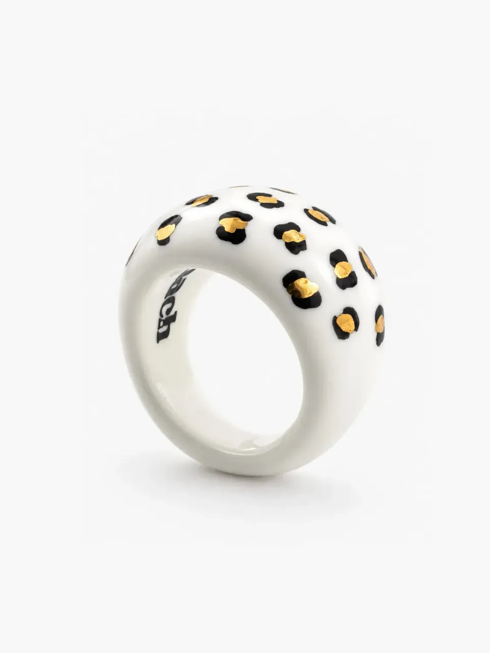Nach Bijoux Léopard blanc doré bague porcelaine feuille d'or