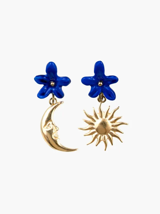 Nach Bijoux fleur bleue soleil lune boucles asymétriques porcelaine